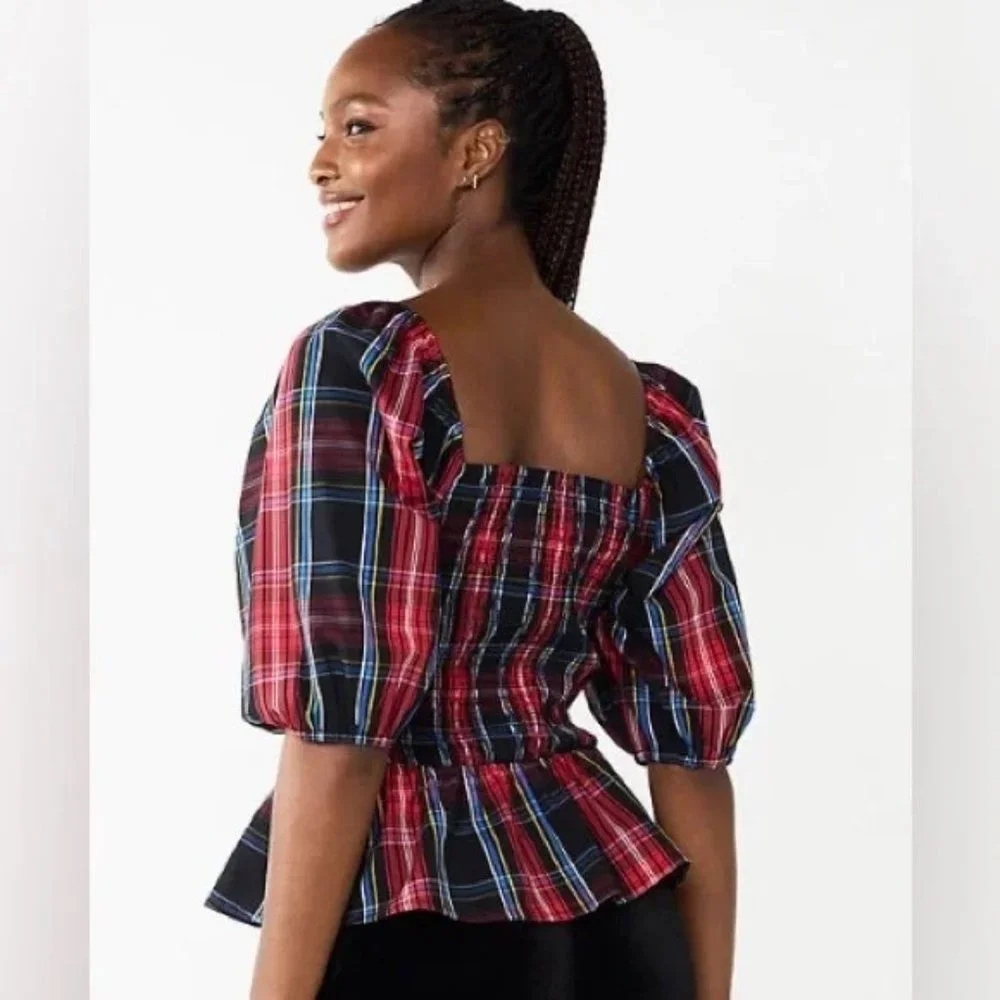 Draper James RSVP Elbow Sleeve Smocked Peplum Top, Size M, Plaid - Picture 5 of 5
